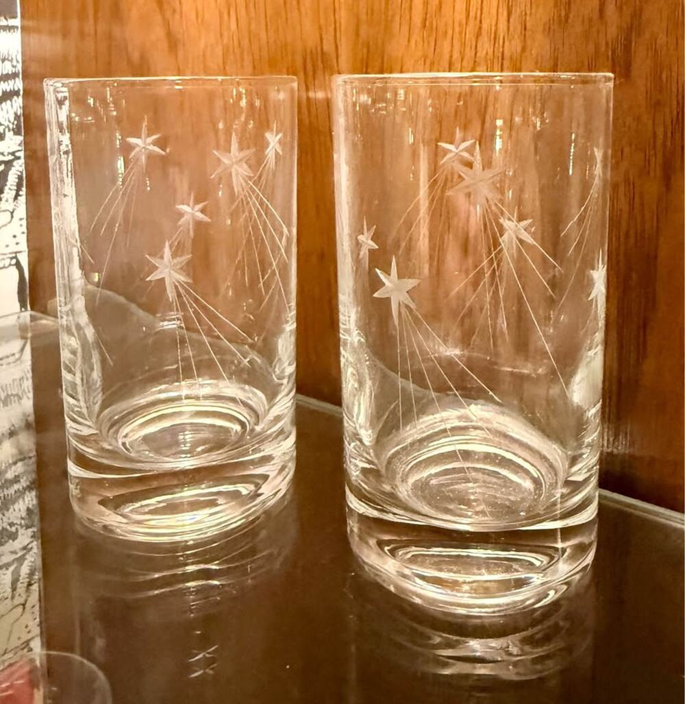 1960s Fostoria Shooting Star Etched Glass Pitcher and Glassware Set